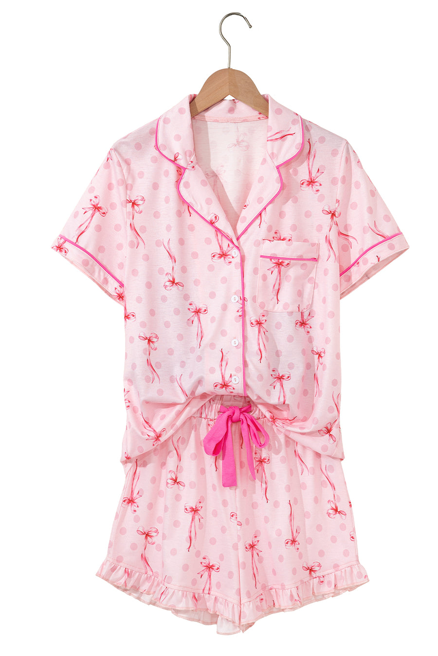Bow Print Button-Up V-Neck Short Sleeve Top and Ruffle Hem Shorts Pajama Set- 2 Styles