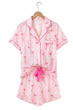 Bow Print Button-Up V-Neck Short Sleeve Top and Ruffle Hem Shorts Pajama Set- 2 Styles