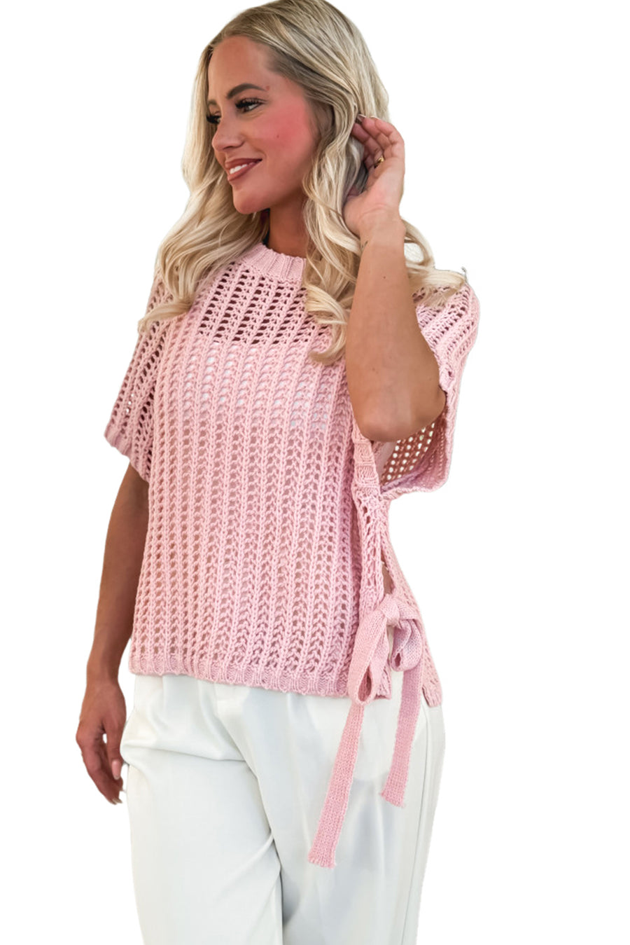 Side Tie Crochet Knit Short Sleeve Sweater- 2 Colors