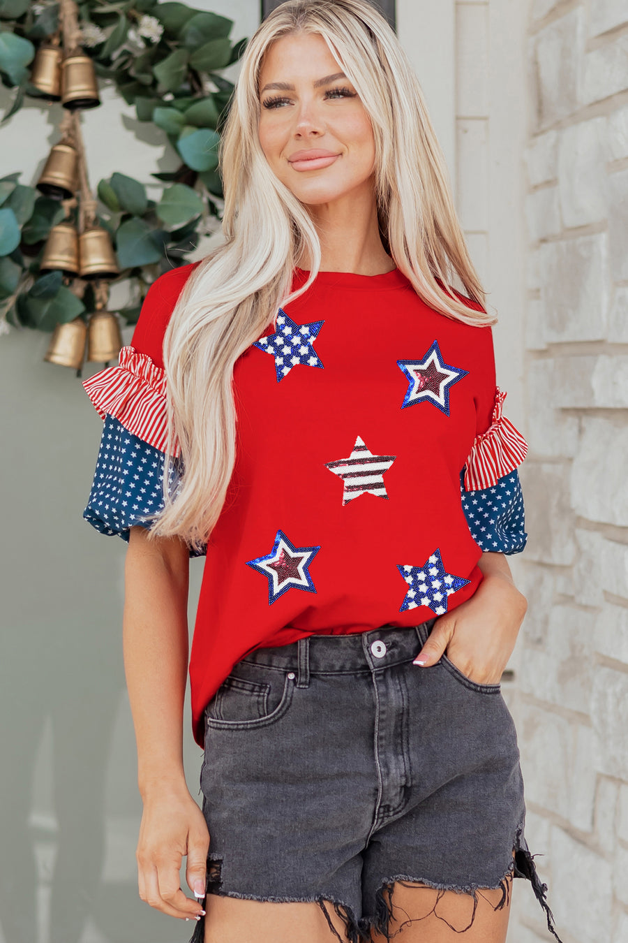 Red American Sequin Star Patches Contrast Puff Sleeve Top