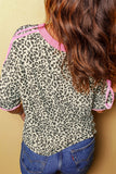 Leopard Print V-Neck Contrast Varsity Stripe Short Sleeve T-Shirt