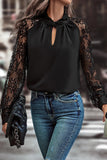 Black Keyhole Lace Splicing Raglan Sleeve Blouse