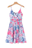 Blue and Pink Floral Spaghetti Strap Surplice Neck Shirred Waist Mini Dress