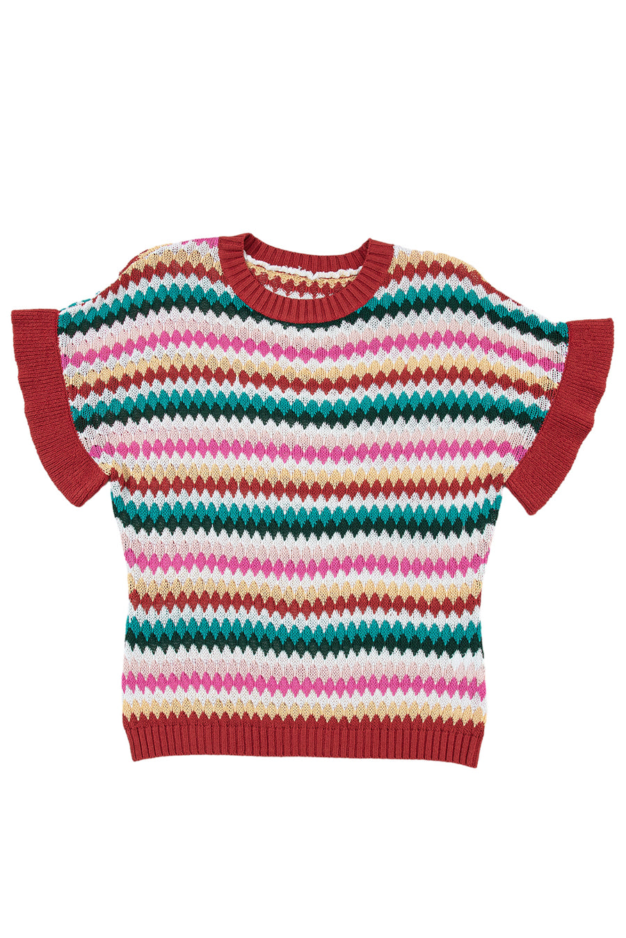 Red Multi Striped Diamond Pattern Short Sleeve Knit Sweater