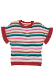 Red Multi Striped Diamond Pattern Short Sleeve Knit Sweater