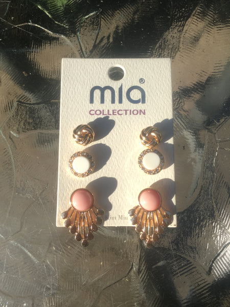 Gold Tone Earring Trio- Pink & Ivory