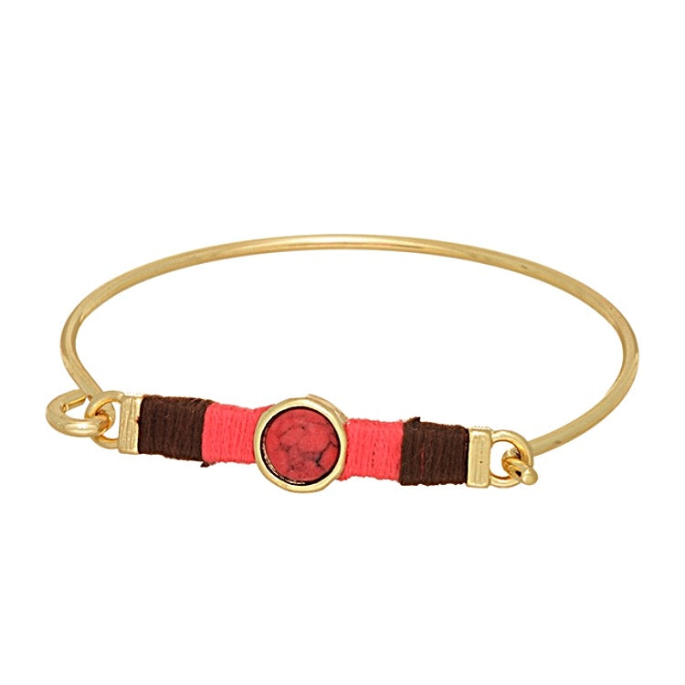 Gold Tone Bar & Stone Bangle Bracelet- Brown & Red