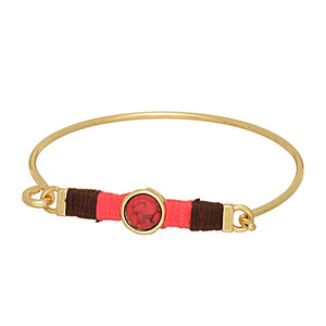 Gold Tone Bar & Stone Bangle Bracelet- Brown & Red