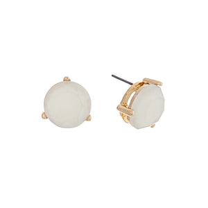 Gold Tone Round Stone Post Earrings- White