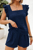 Textured Ruffle Blouse and Shirred High-Waist Shorts Set- 5 Colors