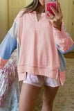 Apricot Pink Exposed Seam Colorblock Split Cuffs & Hem Oversized Sweatshirt