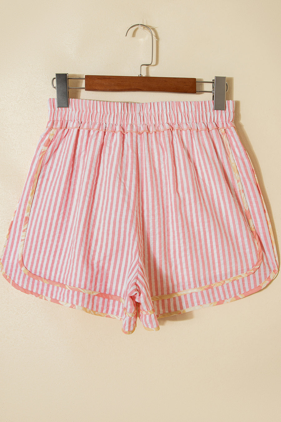 Light Pink Floral Trim Ribbon Drawstring Striped Casual Shorts