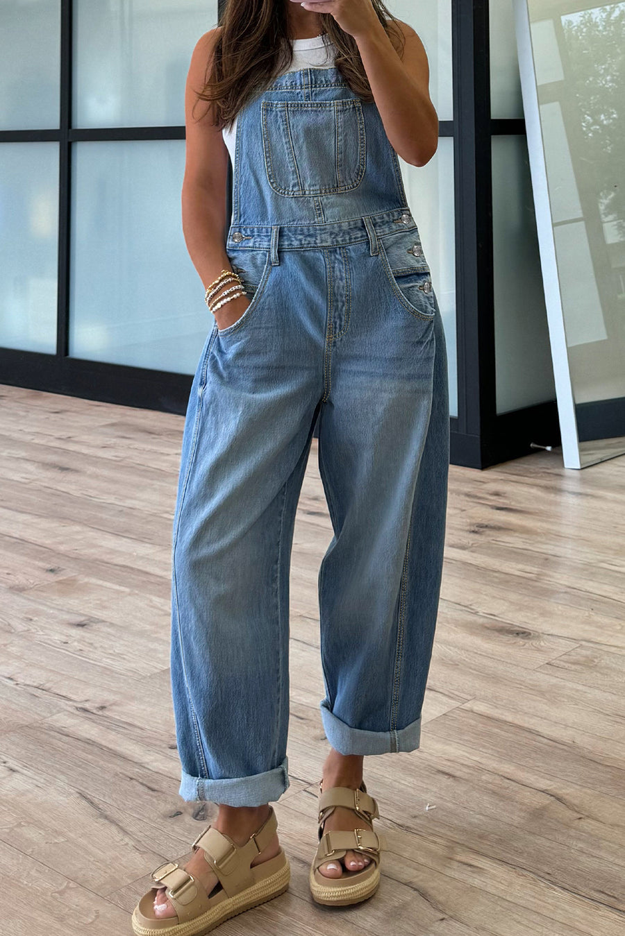 Medium Blue Straight Leg Denim Overalls