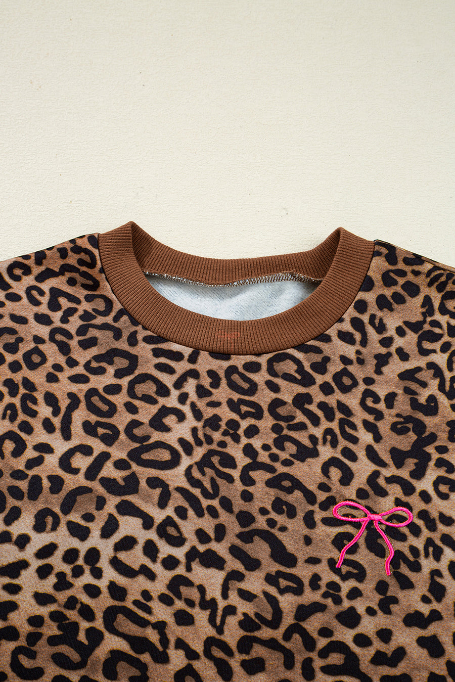 Leopard Print & Embroidered Bow Long Sleeve Top and Pants Set