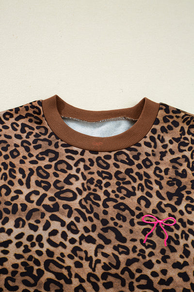 Coffee Allover Leopard Print Contrast Trim Long Sleeve Top and Pants Set