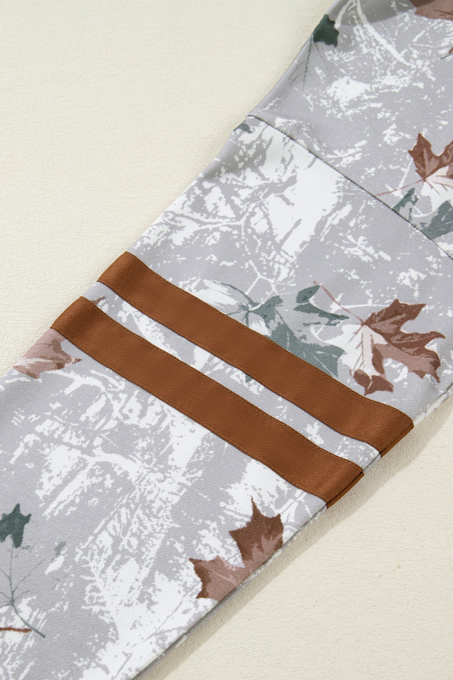 Gray Maple Leaf Camouflage Print Varsity Striped Sleeve Casual Sweatshirt