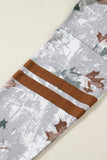 Gray Maple Leaf Camouflage Print Varsity Striped Sleeve Casual Sweatshirt