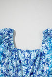Blue Multi Floral Puff Sleeve Babydoll Mini Dress with Pockets