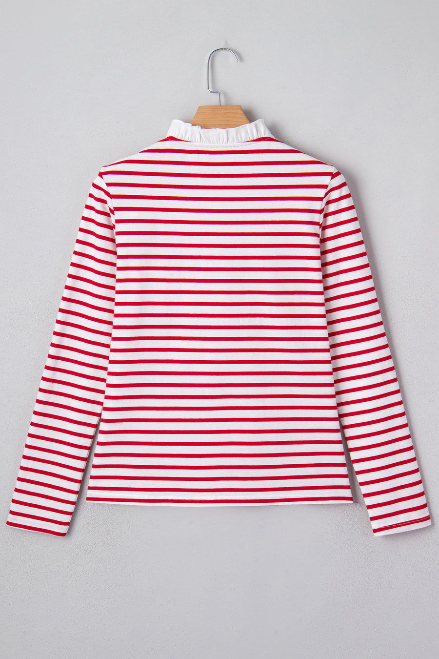 Red Stripe Contrast Frill Neck Half Button-Up Long Sleeve Top