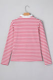 Red Stripe Contrast Frill Neck Half Button-Up Long Sleeve Top