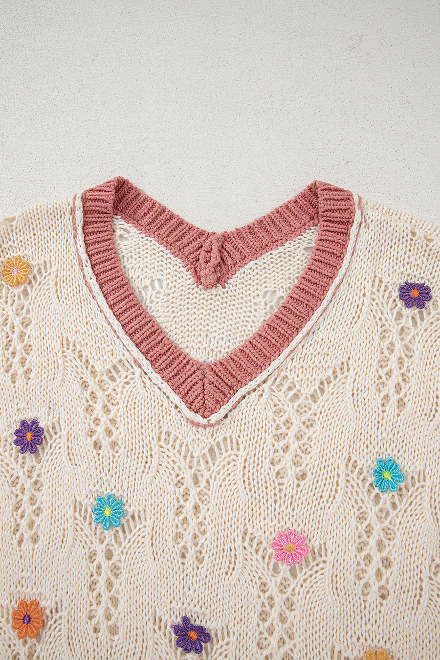 Ivory Floral Crochet Contrast Trim Knit Sweater