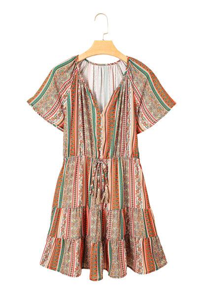 Red Bohemian Floral Print Buttoned V Neck Ruffle Tiered Dress