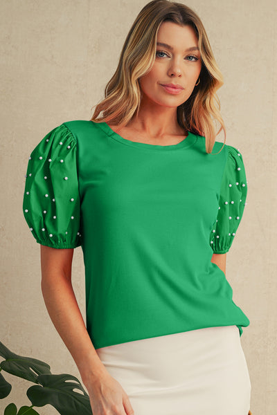 Pearl Beaded Puff Sleeve Ribbed Top- 2 Colors