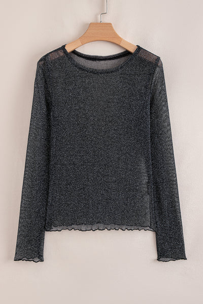 Black Metallic Glitter Mesh Long Sleeve Top