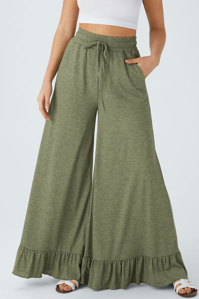 Jungle Green Solid Color Ruffle Hem Wide Leg Pants