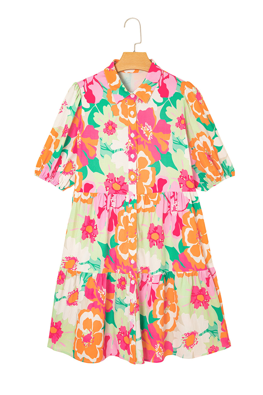 Floral Puff Sleeve Collared Button-Up Babydoll Mini Dress- 2 Colors