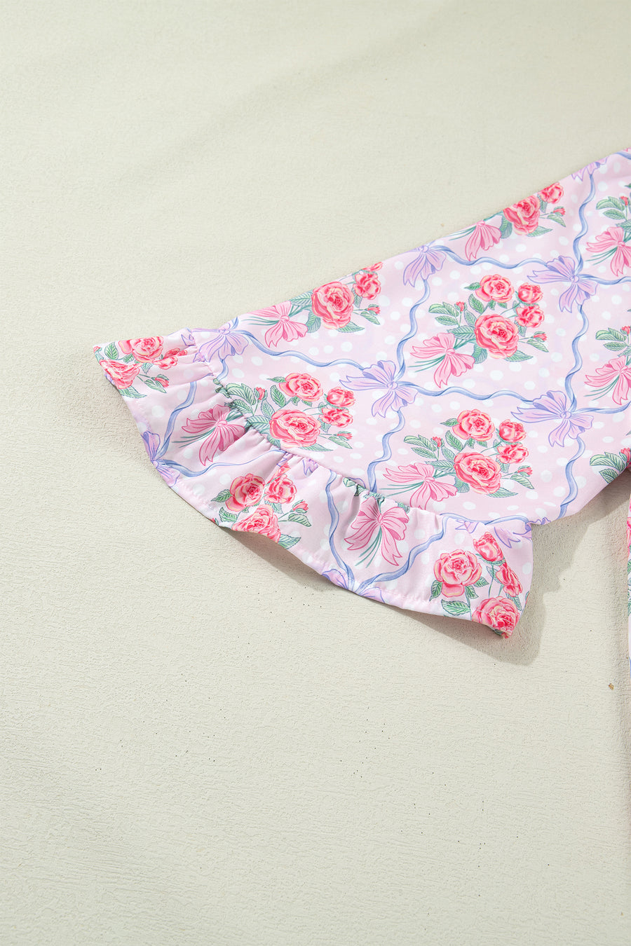 Bright Pink Bow Bouquets Collared Ruffled Short Sleeve Button-Up Blouse