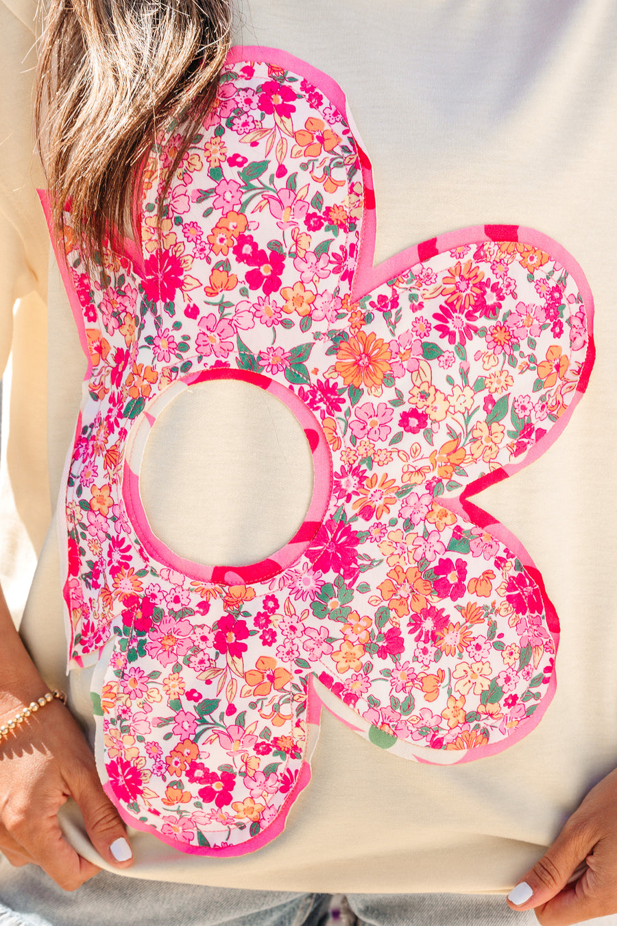 Pink Floral Patched Exposed Seam Oversized T-Shirt- 2 Colors