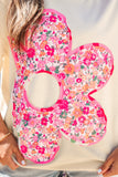 Pink Floral Patched Exposed Seam Oversized T-Shirt- 2 Colors