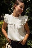 White Ruffle Trim Waffle Textured Short Sleeve Blouse