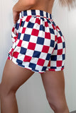 Red and Navy Checkered Print Elastic Waist Shorts