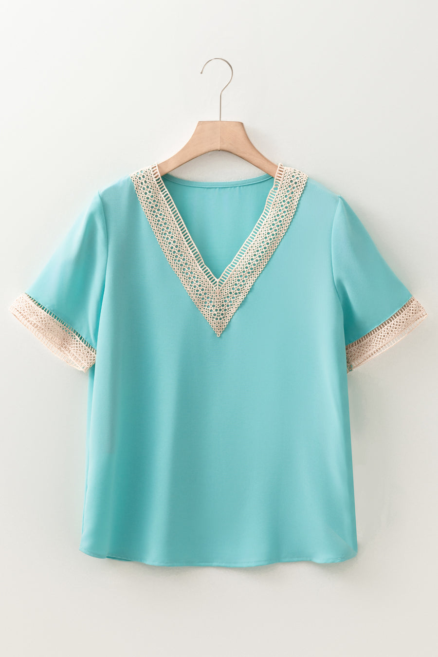 Green Lace Trim V Neck Short Sleeve Blouse