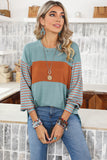 Duck Egg and Rust Color Block Striped Long Bishop Sleeve Side Slit T-Shirt