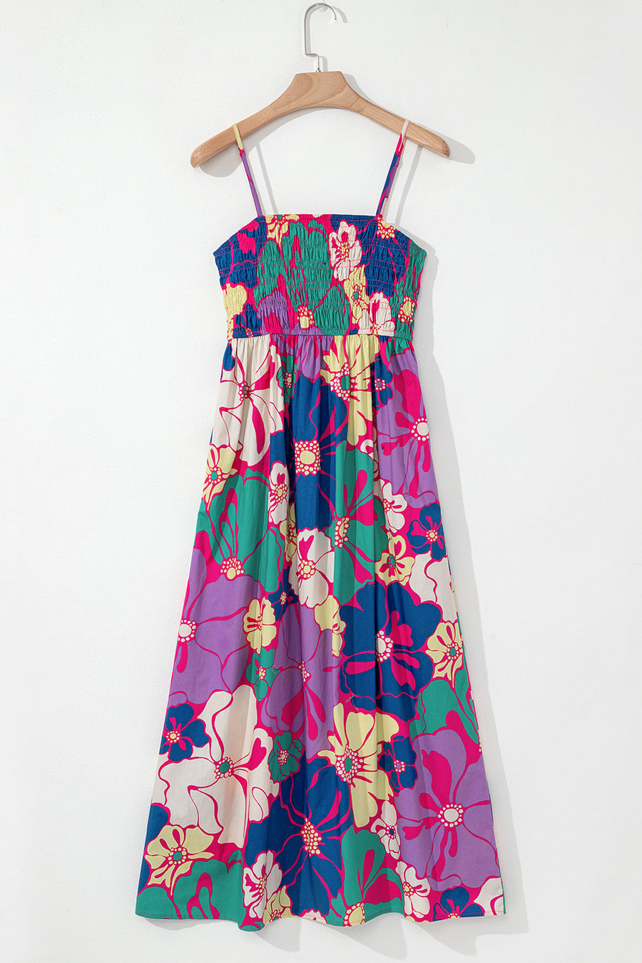 Multicolored Tropical Floral Print Shirred Spaghetti Strap Loose Maxi Dress