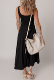 Black Sleeveless Scoop Neck Flared Front Slit Midi Dress