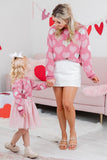 Pink Pearl Heart Pattern Drop Shoulder Crew Neck Sweater