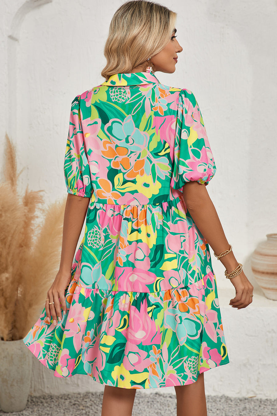 Floral Puff Sleeve Collared Button-Up Babydoll Mini Dress- 2 Colors
