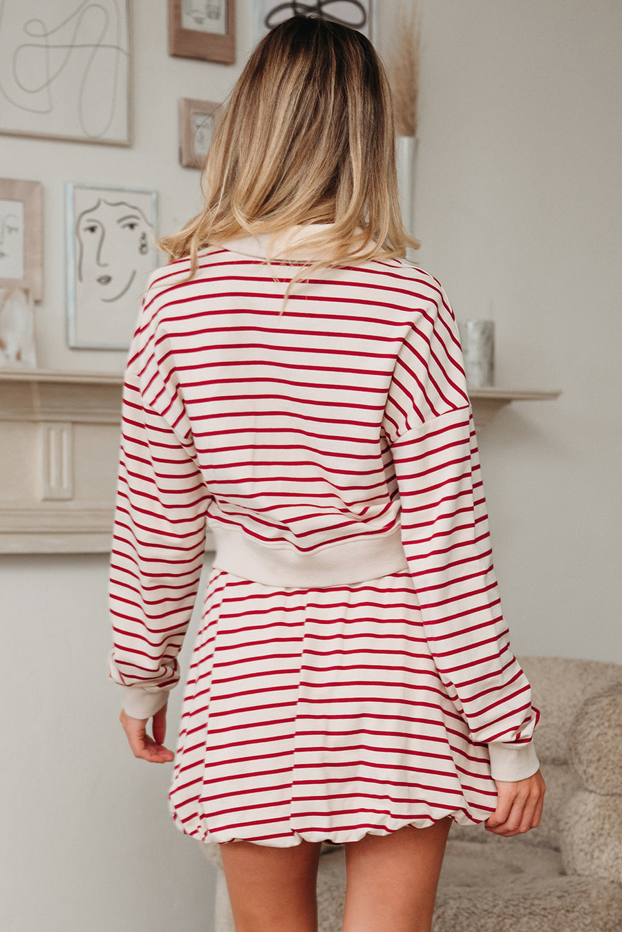 Red Stripe Cropped Collared Sweatshirt and Bubble Mini Skirt Set