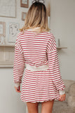 Red Stripe Cropped Collared Sweatshirt and Bubble Mini Skirt Set