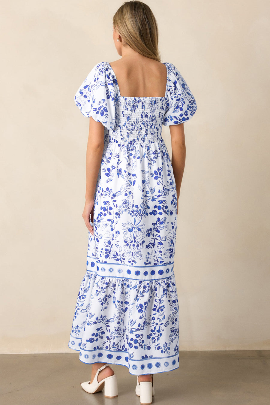Blue Multi Floral Print Square Neck Bubble Sleeve High Waist Maxi Dress