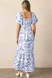 Blue Multi Floral Print Square Neck Bubble Sleeve High Waist Maxi Dress