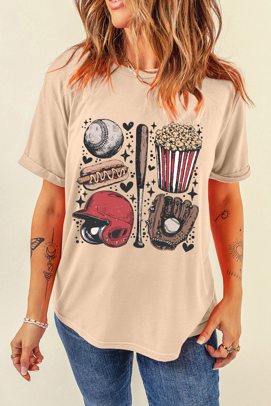 Khaki Retro Baseball Game Graphic T-Shirt