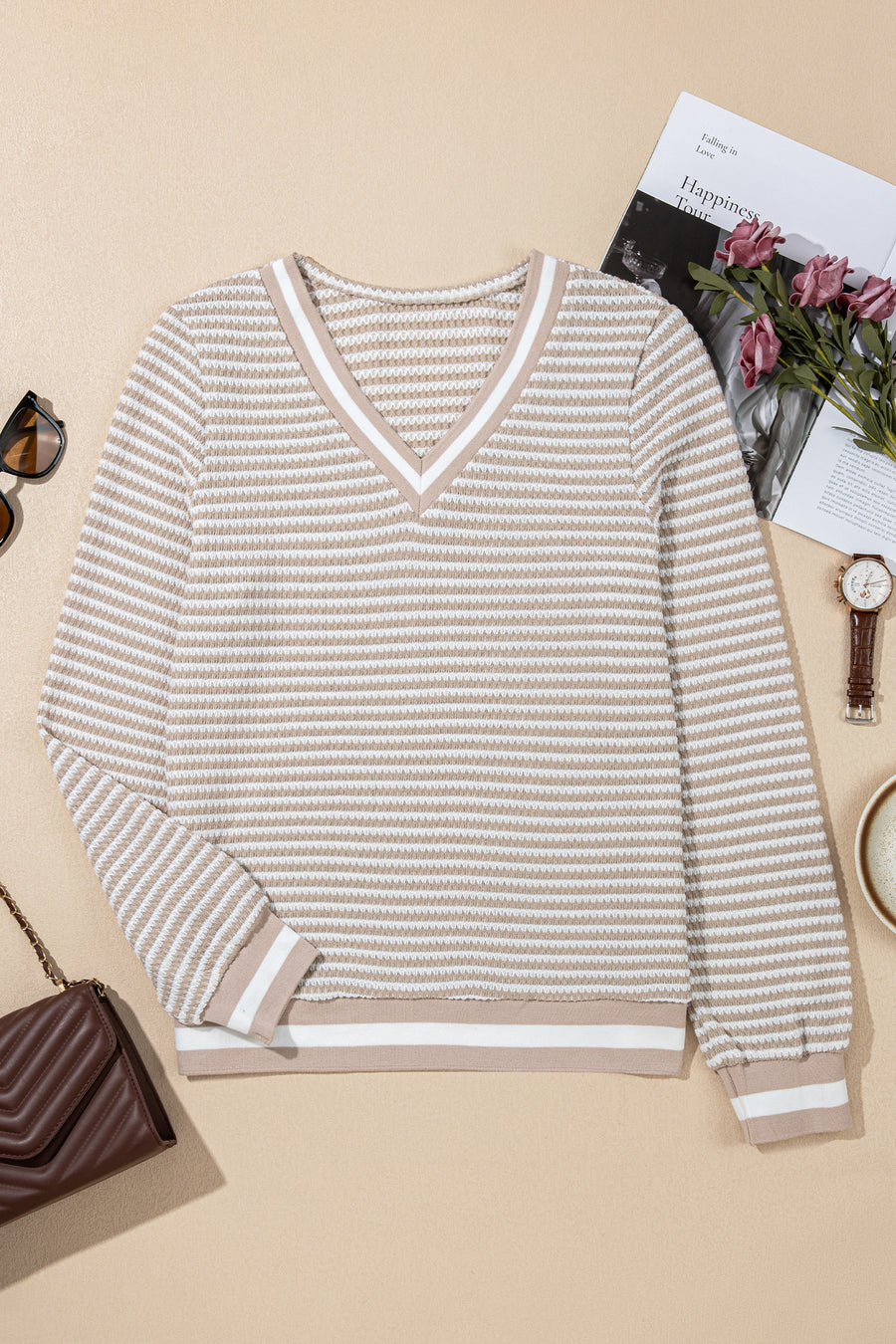 Beige Striped Waffle Knit V-Neck Sweater