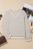 Beige Striped Waffle Knit V-Neck Sweater
