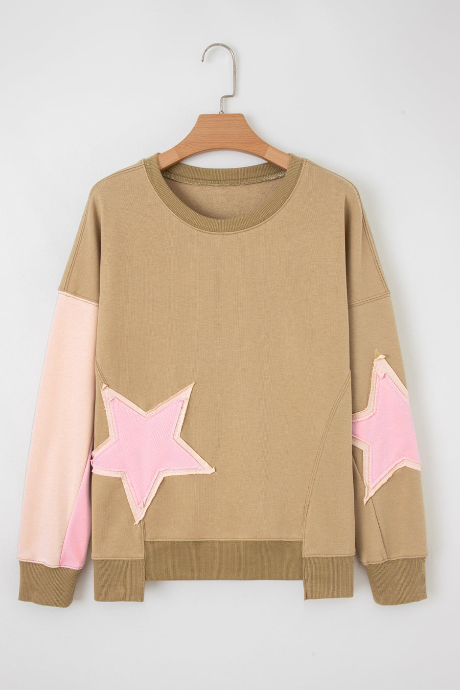Star Patch Exposed Seam Uneven Hem Sweatshirt- 2 Colors