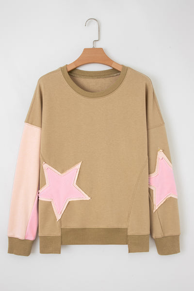 Rose Pink Star Patchwork Exposed Seam Uneven Hem Sweatshirt